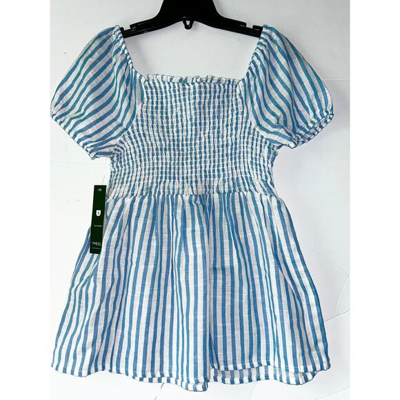 Unique Spectrum Small Blue & White Striped Shirred Square Neck Puff Sleeve Top - Picture 2 of 4